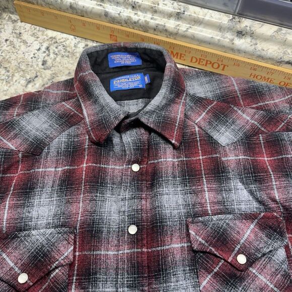 Pendleton Red Plaid Wool Flannel Pearl Snap Western Long Sleeve Size Medium Long - Picture 1 of 9
